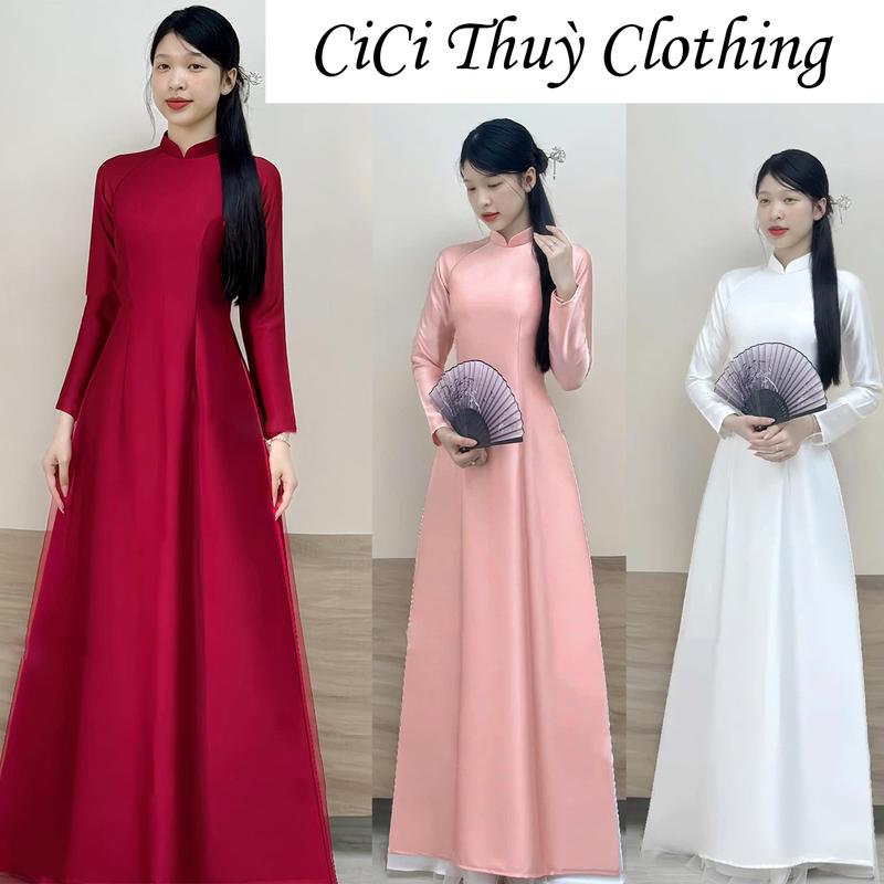Áo Dài Lụa Tô Châu Áo Dài Tết 2026 Cao Cấp Trơn Cổ Truyền Thống Tay Dài Dáng Eo - CiCi Thuỳ Clothing