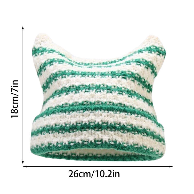 Product Introduction of New Japanese Streetwear Harajuku Beanie Little Devil Striped Knitted Hat Women Girls Autumn Winter Cute Cat Ears Cap 0