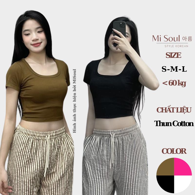 Áo Thun Cổ Vuông Tay Ngắn Misoul,Áo Croptop Cộc tay Cotton 168 Nữ Women Cổ Tròn
