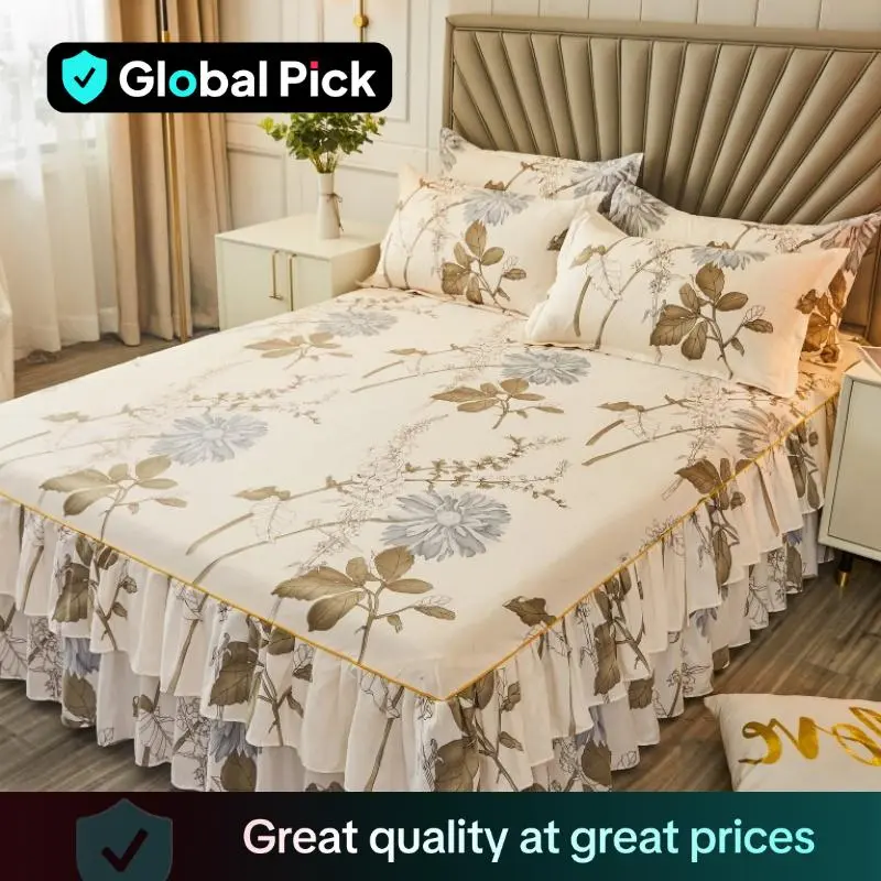 Floral Print Ruffled Edge Bed Skirt Set, 2/3 Counts Soft Comfortable Breathable Bedding Set, Including Bed Skirt & Pillowcase, Christmas Decor Bedroom Accessories, Christmas Gifts, Christmas Decorations