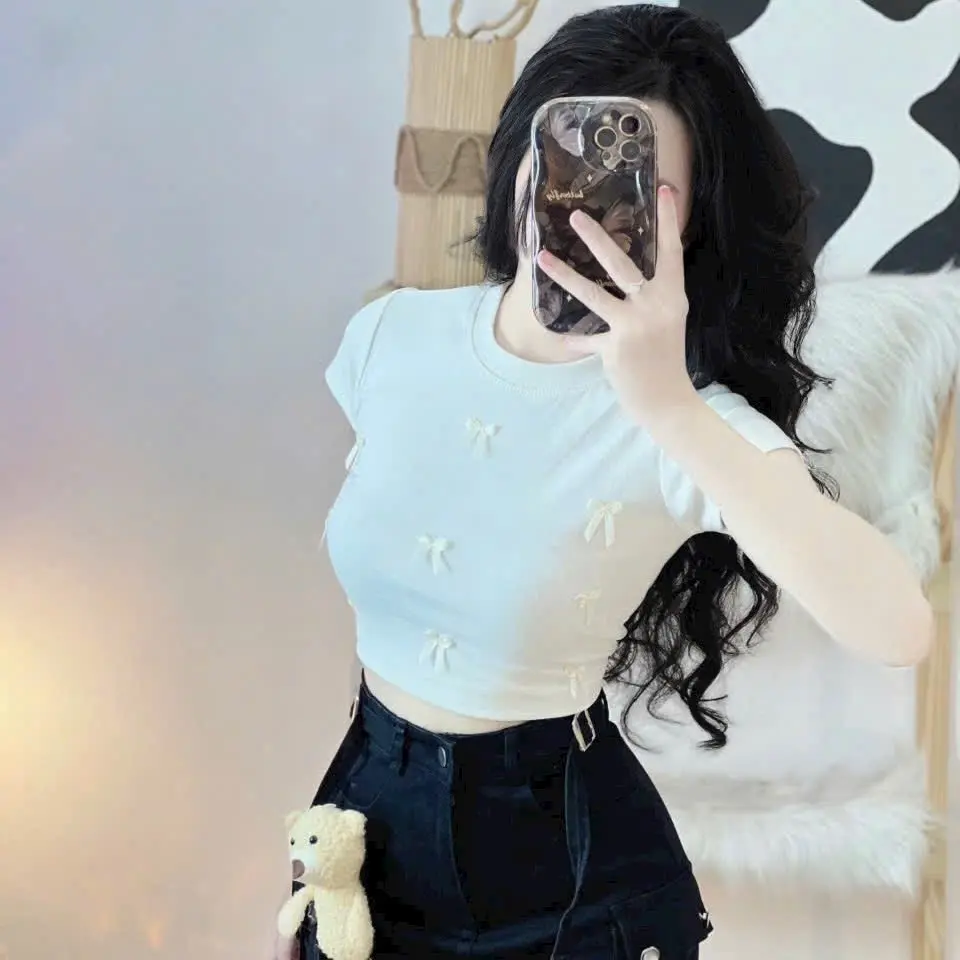 Áo Thun Nữ Croptop Tay Ngắn Đính Nhiều Nơ Chất Thun Co Dãn Ôm Body Women Cổ Tròn áo  thun Cotton Đen