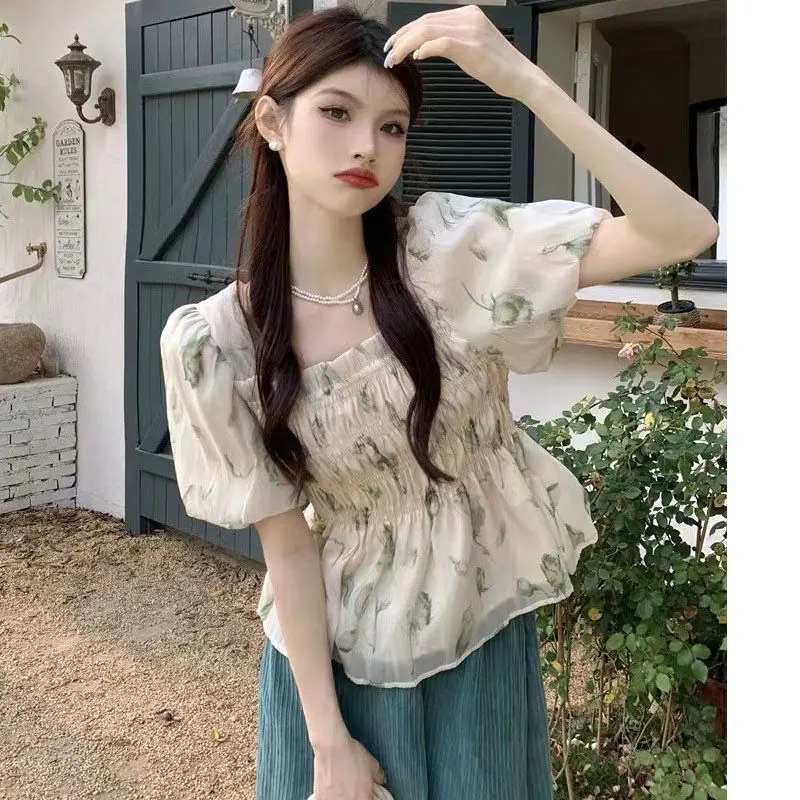 Áo Sơ Mi Voan, Cổ Vuông, Thiết Kế Đẹp, ngắn Tay, Phong Cách Cô Gái Mori Hoa, Tay Phồng Kiểu Pháp Mới, Thích Hợp Cho Mùa Hè, Dành Cho Nữ