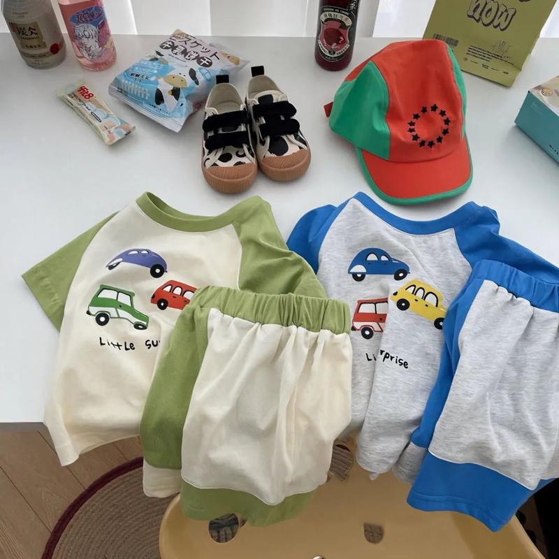 Bộ Đồ Cotton Mùa Hè Cho Trẻ Em, Bộ Sưu Tập Mới 2024, In Hình Hoạt Hình, Ngắn Tay, Cho Bé Trai Và Bé Gái, Quần Đùi Màu Tương Phản, Bộ Hai Mảnh 2