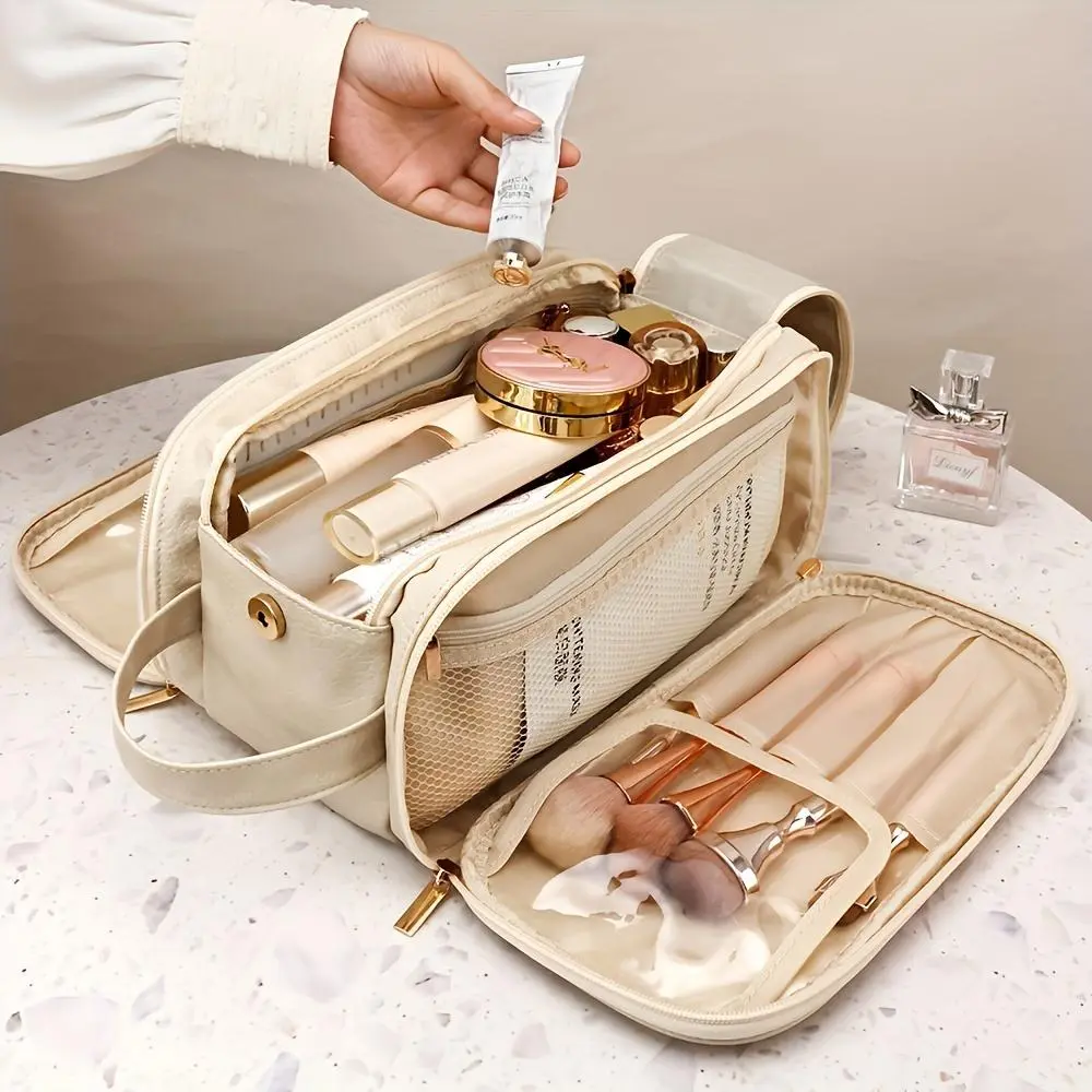 Large Capacity Travel Makeup Bag, 1 Count Portable Cosmetic Storage Bag, Zipper Makeup Organizer Pouch for Makeup Brushes, Versatile Storage Bag for Travel, Outing, Daily Use, Christmas Eve Box