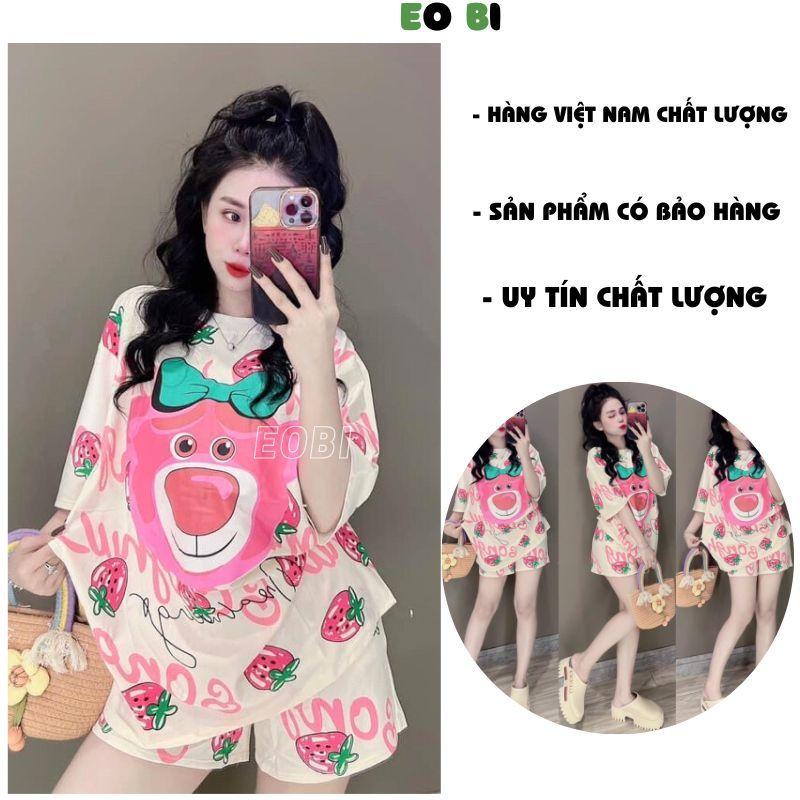 Bộ Đồ Ngủ Tay Ngắn Dáng Rộng In Họa Tiết Gấu Và Dâu Tây Cỡ Lớn Thời Trang Mùa Hè 2024 Mới - EOBI Nữ Áo 3