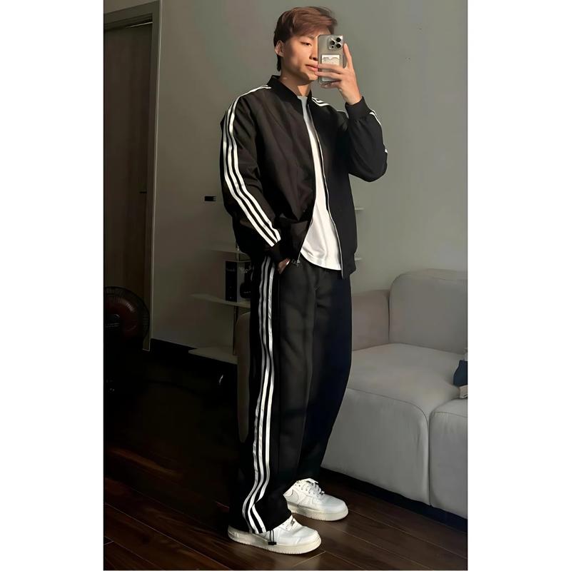 Quần Dài Ống Rộng Form Suông Unisex Nỉ Cotton Thiết Kế 3 Sọc Kèm Dây Rút Gấu Thế Thao Menswear Kem 2