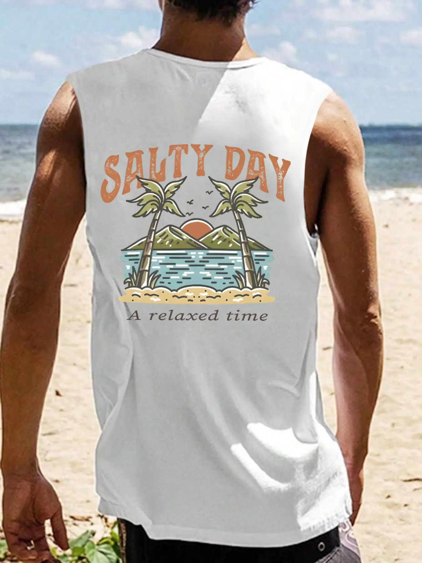 Men's Beach Graphic Print Tank Top, Regular Fit Casual Comfortable Breathable Round Neck Sleeveless Vest for Summer, Men's Clothes for Beach Vacation
