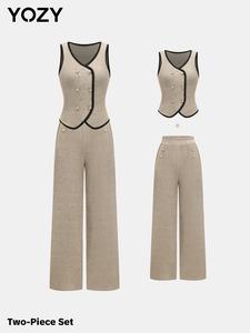 YOZY Women's Solid Ribbed Double Button V Neck Vest & Pants Two-piece Set, Casual Contrast Binding Sleeveless Top & Wide Leg Trousers for Spring & Fall, Women's Clothes for Daily Wear