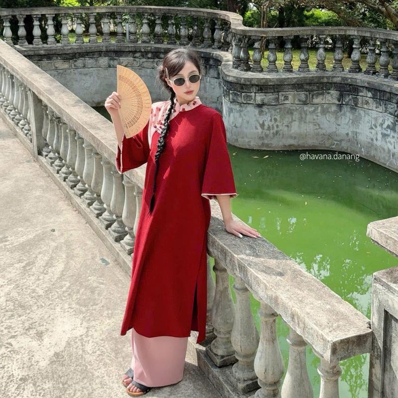 Áo dài nhung chéo QUỲNH NGA in hoạ tiết hoa nhí phối cúc tàu kèm quần nhung HAVANA AD167