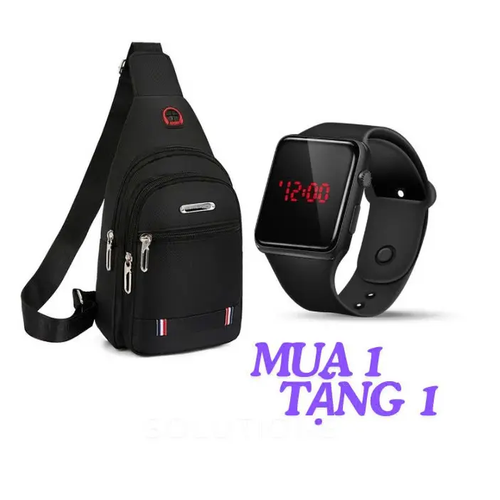 Combo Túi Đeo Chéo Thời Trang Vải Canvas Hàn Quốc- Và Đồng Hồ LED Sang Trọng - Đeo Vai, Bag 0
