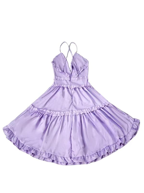 Women's Criss Cross Frill Trim Ruffle Hem Cami Dress, Dress in Club, Dresses for Women, Summer Dresses, Casual Backless Short Dress for Summer, Ladies Dresses Summer for Beach, Women's Summer Clothes, Womenswear, Lady Sundresses 8