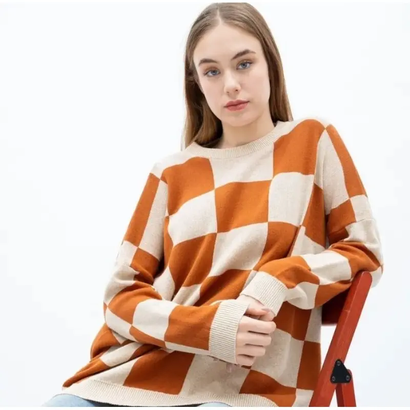 Anjani sweater rajut motif kotak atasan wanita korea lengan panjang Knitwear Fit Tangan 2