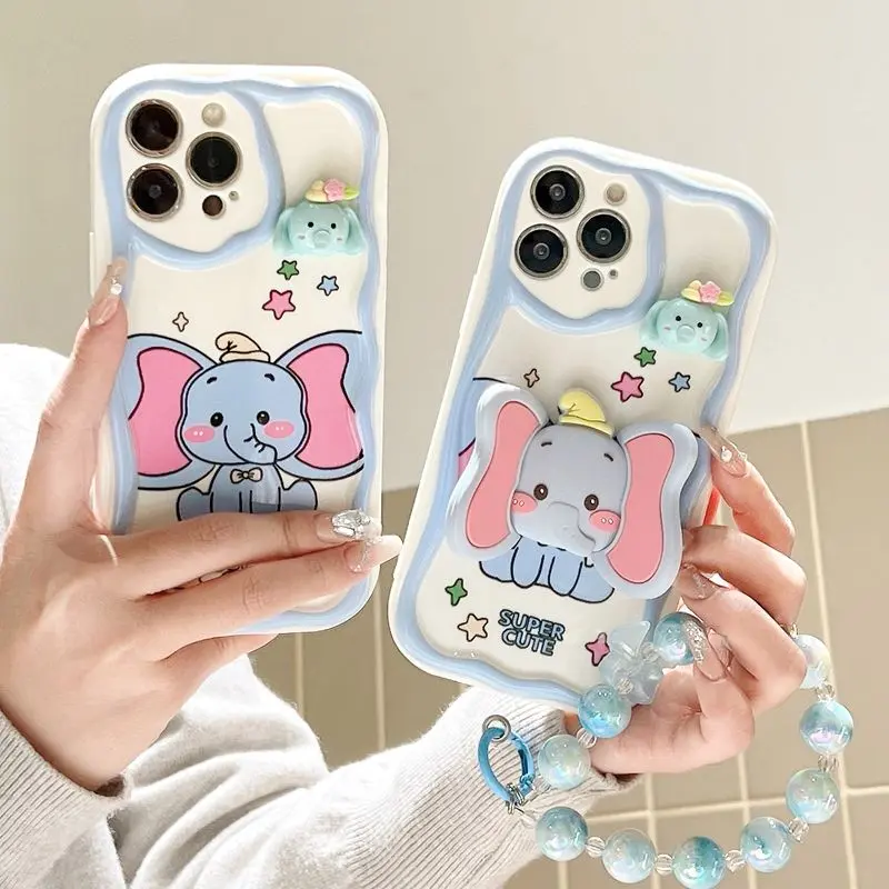 [3D Dumbo Phone Case] Magical Elephant Stand + Bracelet for iPhone 16/15/14/13/12/11 Promax X/XR/Xsmax Insta-Famous Cute Design apple 16/15/14 plus Anti-fall Protective Soft Cover