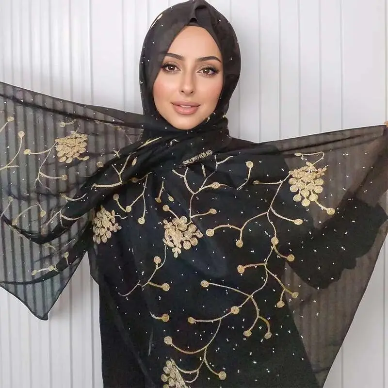 Chiffon Hijabs For Women Embroidered Rhie Decoration Wrapped Scarf Female Long Muslim Headscarf Turban
