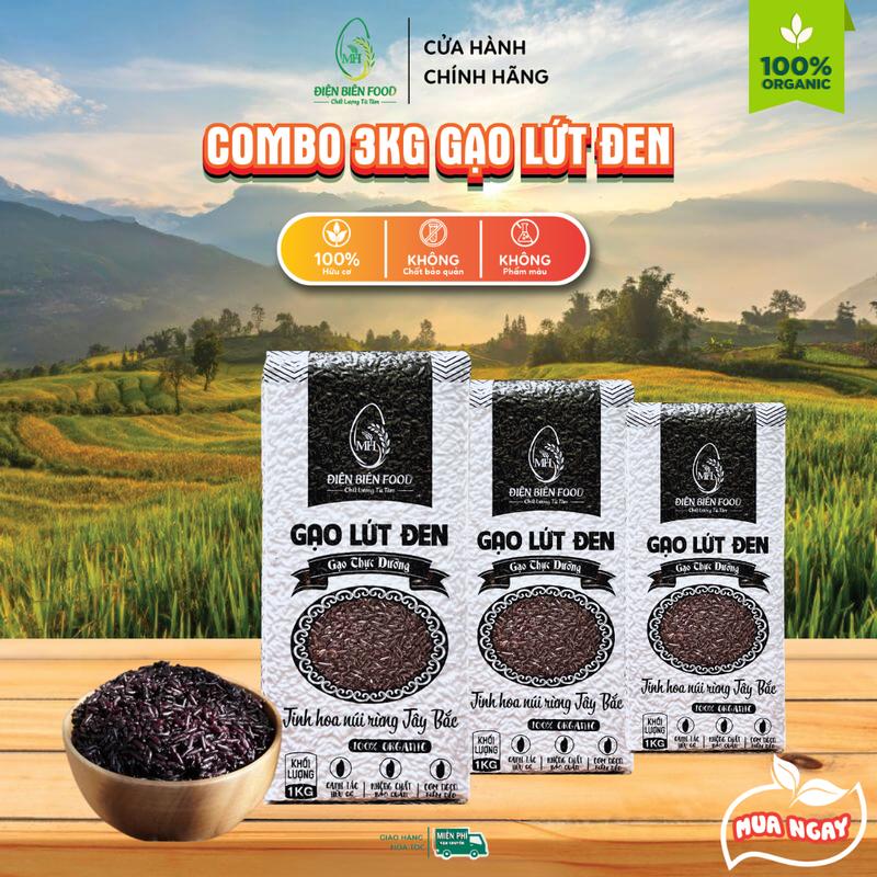  Gạo Lứt Đen Điện Biên Combo 3kg  3 túi 1kg hút chân không   