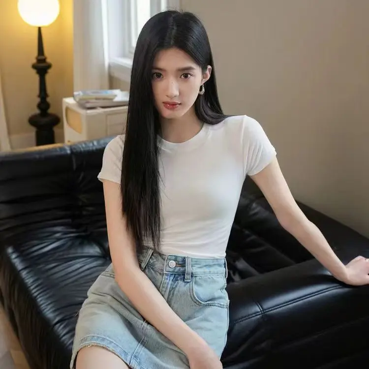 Áo Thun Vai Thông Thường, Kiểu Eo-Cinching, ngắn Tay, Màu Trắng, Dành Cho Nữ, Dáng Ôm, Cô Gái Nóng Bỏng Áo Sơ Mi Cơ Sở Ngắn, Hàng Mới Về Mùa Hè, Cổ Tròn, Có Thể Mặc Bên Trong, Vừa Vặn Bó Sát Top Women Tua Rua