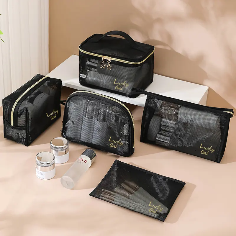 1Pc Mesh Black Cosmetic Storage Pouch Breathable Makeup Brushes Toiletry Organizer Cases Transparent Zipper Bath Bag