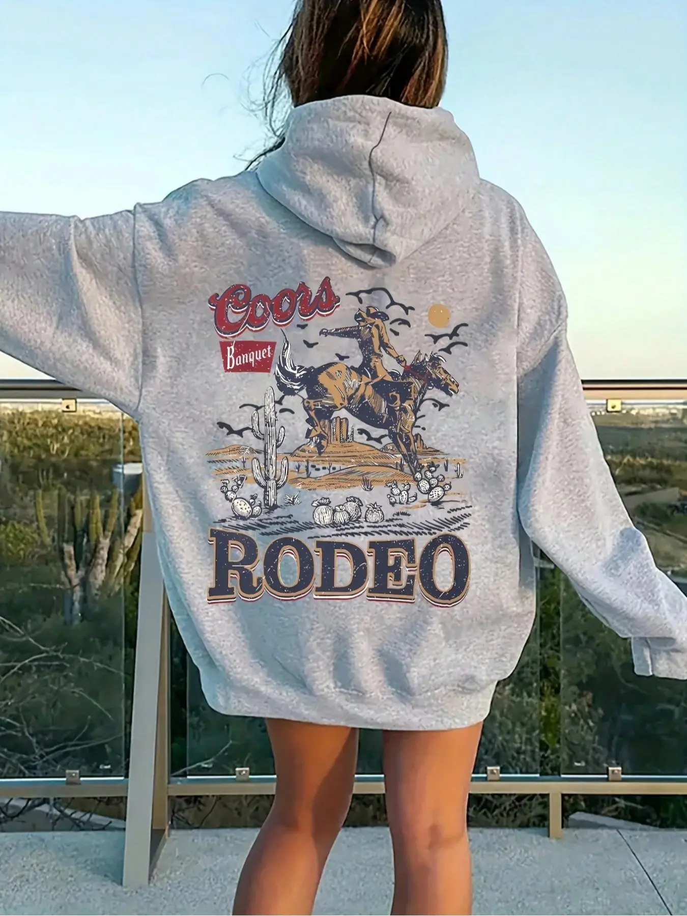 Women's Cartoon Cowboy & Letter Print Drop Shoulder Hoodie, Fashion Casual Pocket Hooded Sweatshirt for Daily Outdoor Wear, Women Fall & Winter Clothes