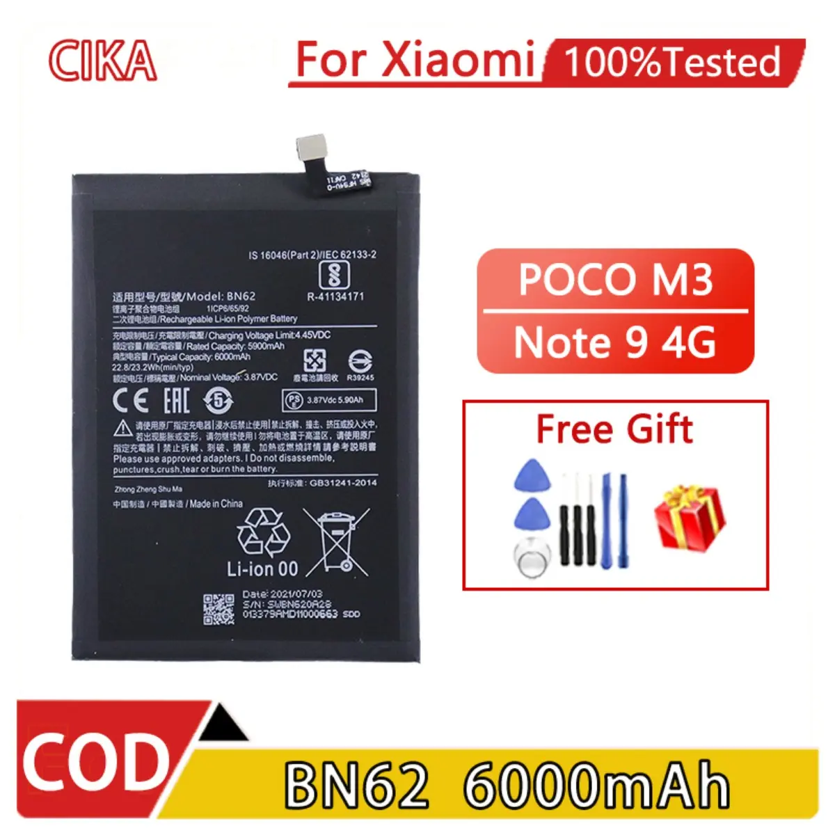 BN62 6000mAh Battery For Xiaomi POCO M3 Redmi Note 9 4G 9T Batre