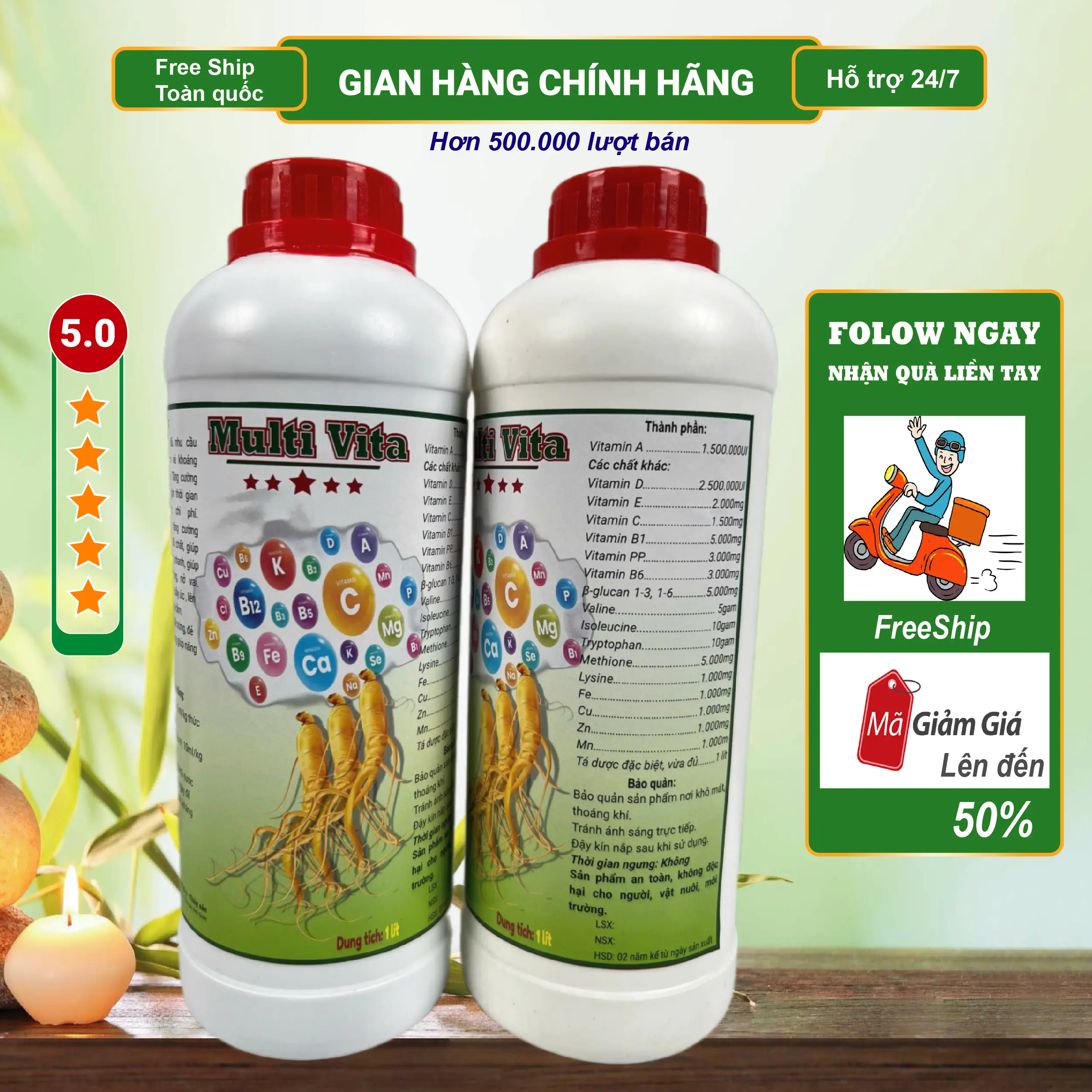 Multi Vita 1 lít - Vỗ béo vật nuôi - Bổ sung Vitamin, Acid amin thiết yếu - Vitamin cho gà - Vitamin cho tôm cá cua lươn ốc ếch - Vitamin khoáng- Vitamin tổng hợp - tăng trọng - tăng cân - nhân sâm - vỗ béo ngan gà vịt - vỗ béo trâu bò lợn gà heo