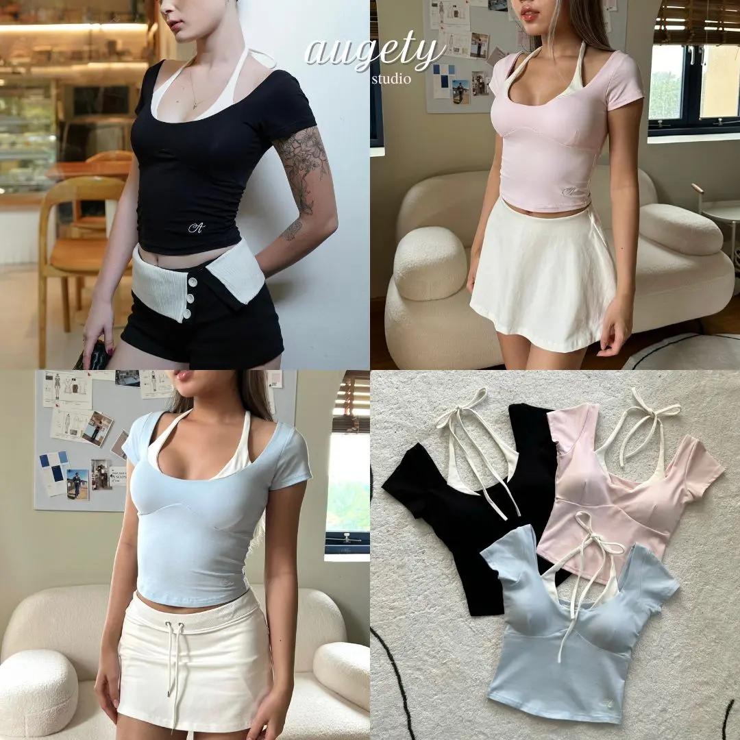 Áo Thun Croptop Nữ Tay Ngắn Thắt Dây Cổ, Ivy Top AUGETY