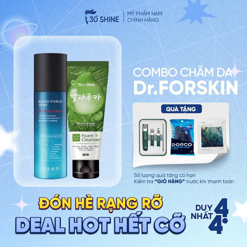 Combo Da Giảm Mụn - Tráng Sáng Bật Tone: chăm sóc da mặt làm sạch dưỡng trắng cấp ẩm giảm mụn mờ thâm dành cho Nam: Sữa rửa mặt Tràm Trà Dr.for Skin và Dưỡng da Dabo nam  gioi