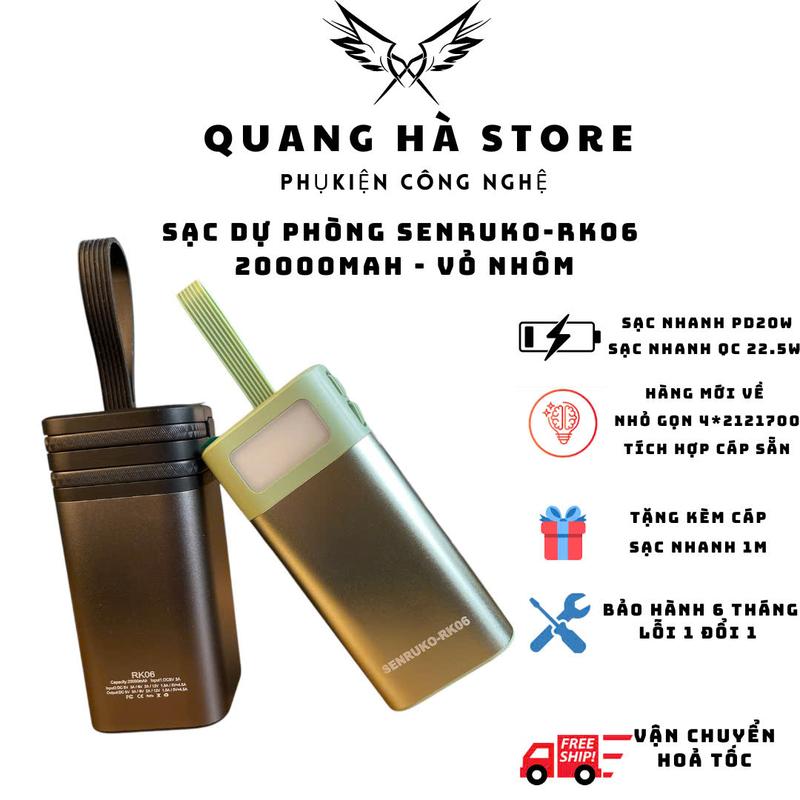  Pin sạc dự phòng Senruko RK06 - 20000Mah vỏ nhôm 4cell pin 21700 -hỗ trợ sạc nhanh tích hợp cáp sạc sẵn  bảo hành 6 tháng  Titan lithium 