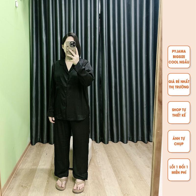  Bộ Pijama Bigsize tay dài lụa xước vân gỗ màu đen mặc nhà giá rẻ dành cho nữ mẹ bầu từ 40kg - 90kg. 