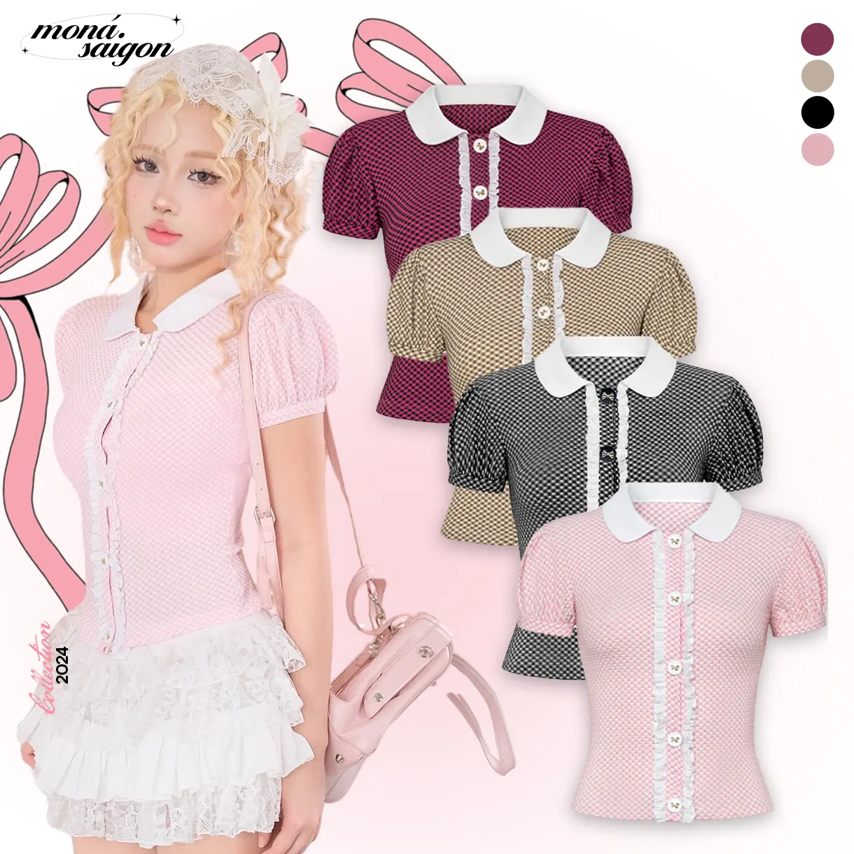[SUPER DEAL] Áo sơ mi nữ tay phồng ngắn vải thun xốp caro co giãn MONÁ - YERIN TOP Women