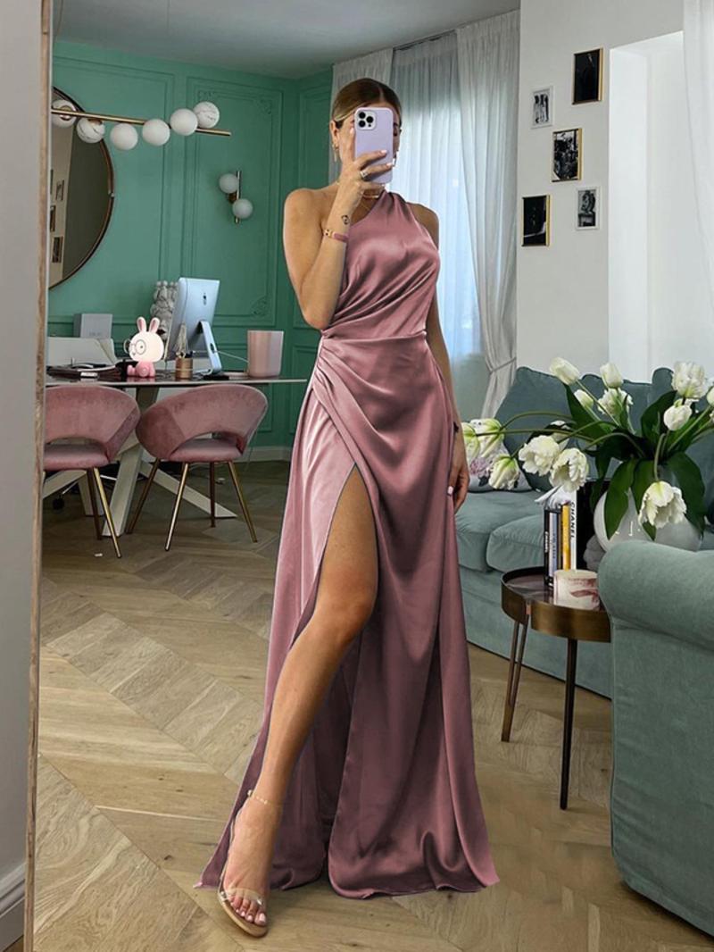 Product Introduction of Women's Plain One Shoulder Ruched Dress, Elegant Sleeveless Split Thigh Evening Party Gown, Ladies Summer Clothes 5