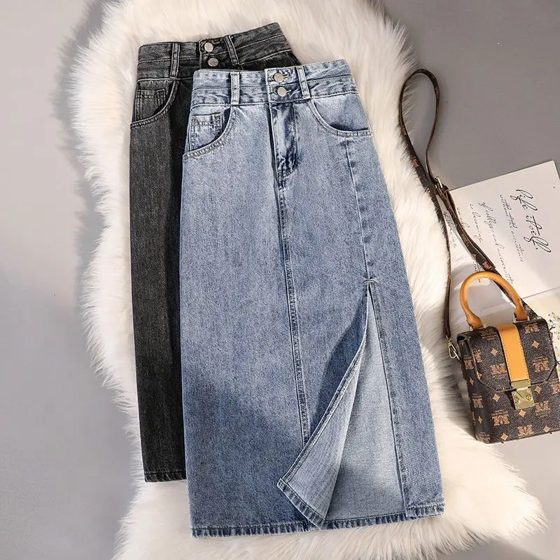 2023 Summer new Korean version of the high waist hip covering denim skirt women Korean version of the fashion slimming split a-line skirt hip bag