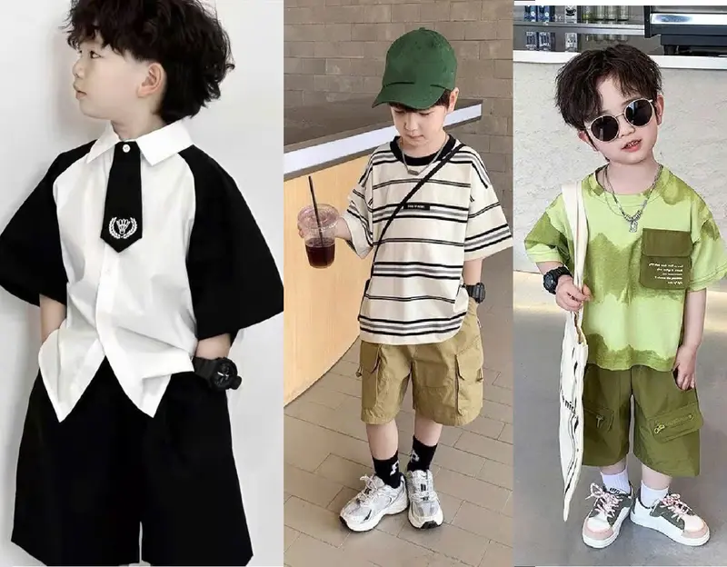 Set áo sơ mi kèm cà vạt bé trai áo sơ mi tay đen phối quần có dây đeo thời thượng, phong cách----MÃ CÀ VẠT 3