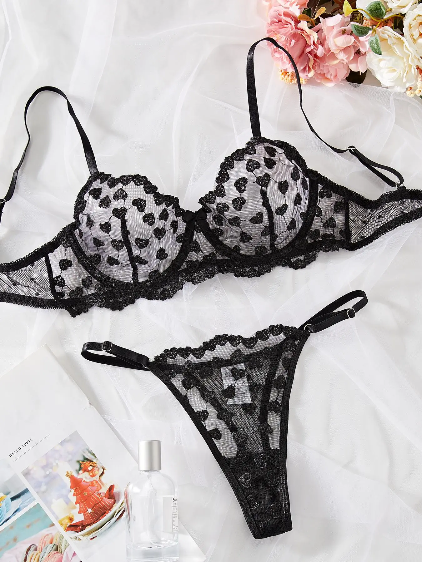 Women's Heart Embroidery Sheer Bra & Thong Sexy Lingerie Set, Adjustable Strap Balconette Bra & Panty, Lingerie Set for Women