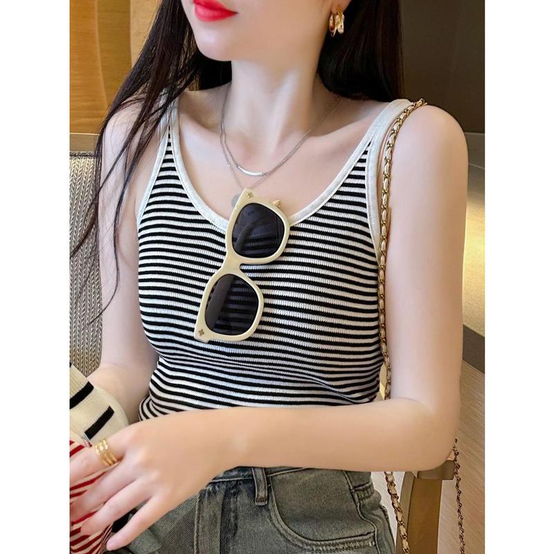 Áo Vest Hai Dây Dệt Kim, Họa Tiết Sọc, Dành Cho Nữ, Thích Hợp Cho Trang Phục Mùa Hè, Bộ Đồ Bên Ngoài, Bên Trong, Mỏng Vừa Vặn, Áo Không Tay 2