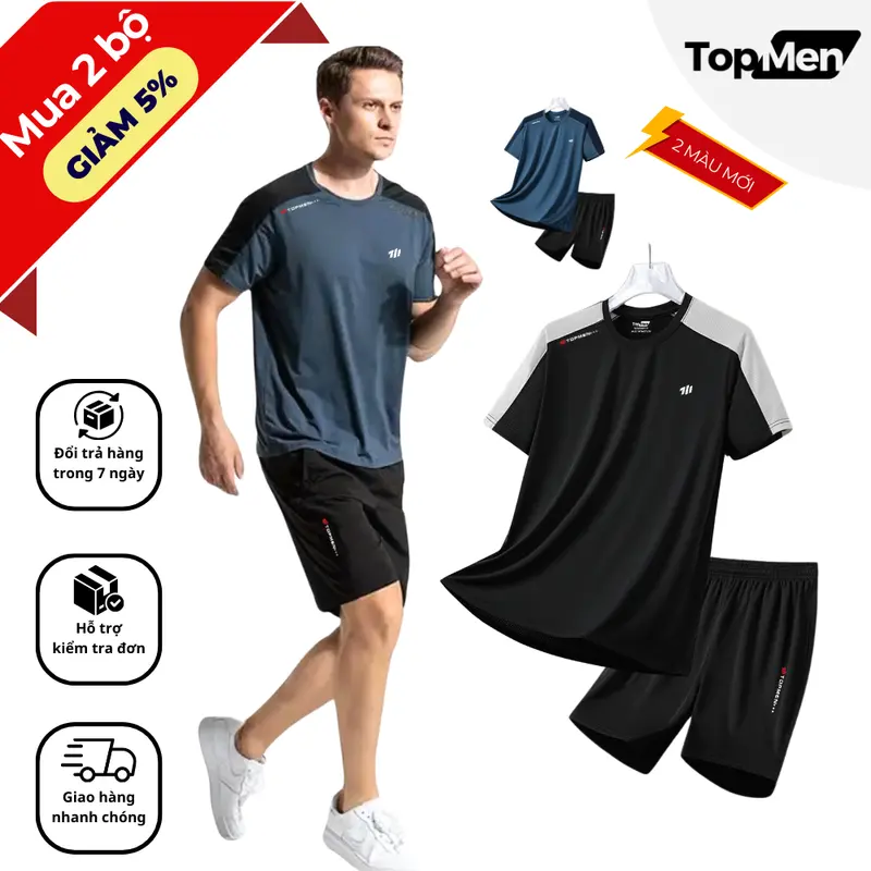 Bộ quần áo thể thao nam Top Men mã A-01, Sport Rehular Fit, phối cầu vai, 2 màu,  đủ size tới 100 cân, vải thun có lỗ thông hơi thoáng mát 0