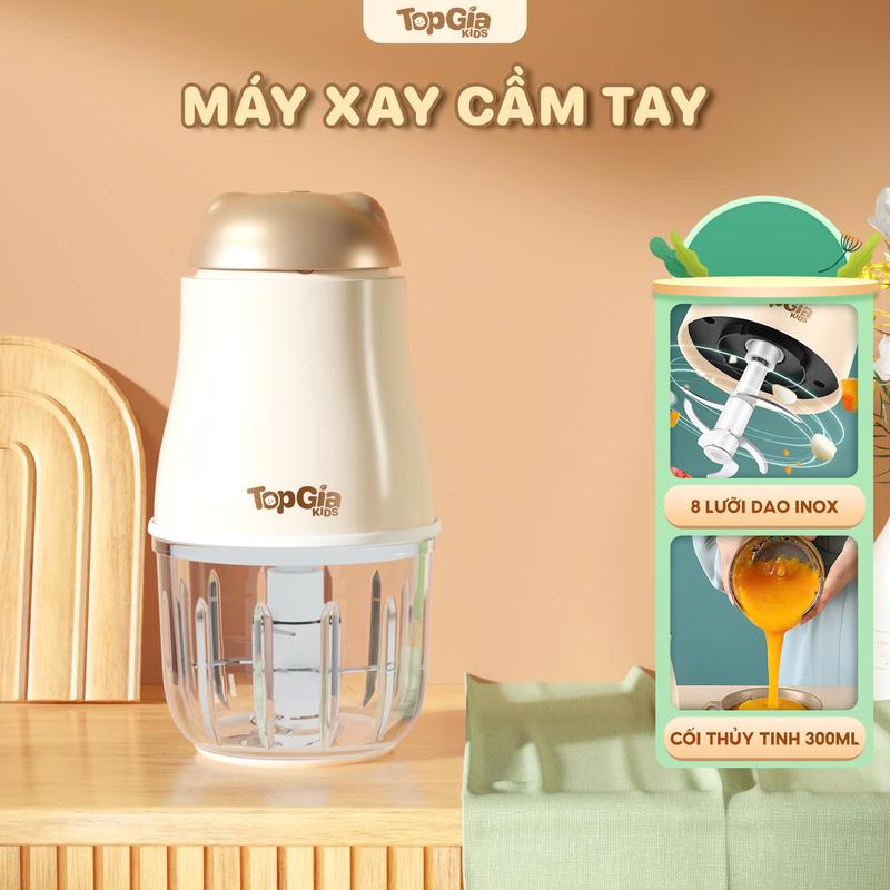 Máy xay đa năng mini cầm tay TopGiaKids M07-02, may xay thịt, xay đồ ăn dăm cho bé, 8 lưỡi tối ưu lực quay, dung tích 300ml, cối xay thủy tinh cao cấp