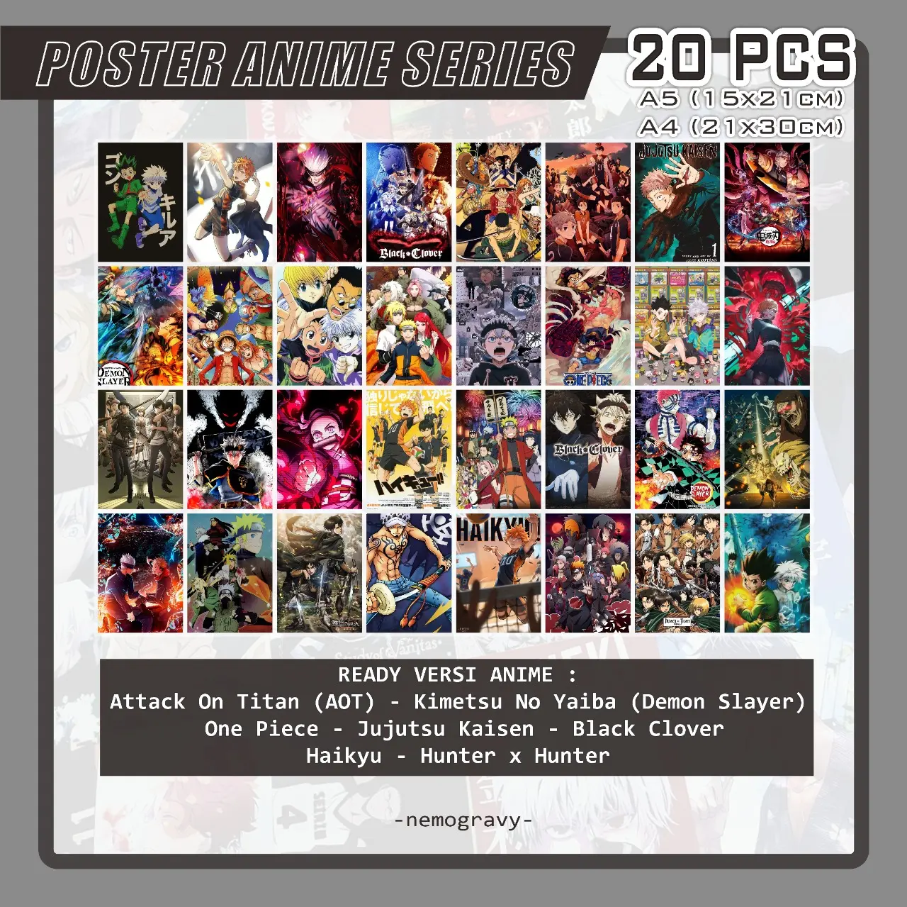 POSTER DINDING TEMA ANIME - 20 PCS A5/A4