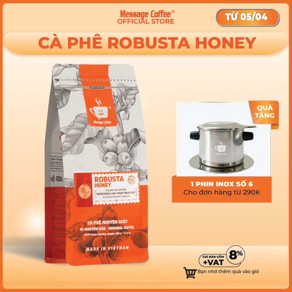 Cà Phê ROBUSTA HONEY Gu đậm mạnh, thơm nồng, phù hợp cà phê đá, sữa - pha phin, máy từ Message Coffee Cafe