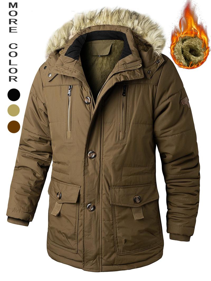 Product Introduction of Men's Flap Pockets Button Front Thermal Lined Hooded Coat, Slim Fit Casual Fuzzy Trim Zipper Warm Coat, Men Winter Coats, Men's Outerwear for Daily Wear 7