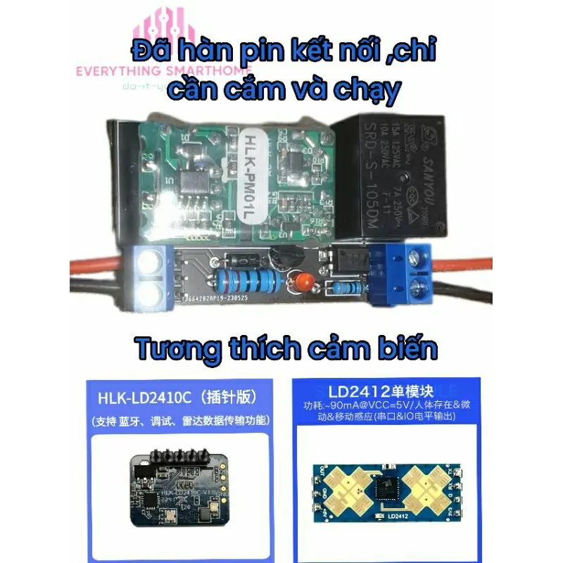 Đế cảm biến hiện diện con người 1kênh 220v10A dùng cho cảm biến HLK-LD2410c và Ld2412 đèn  cảm smart home bảng điều