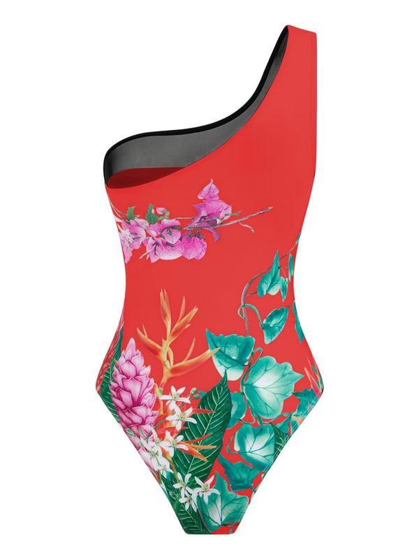 Women's Floral Print One Shoulder Contrast Mesh One-pieces Swimsuit & Wrap Skirt Set, Casual Asymmetrical Knot Front Sleeveless Swimwear for Beach Holiday Vacation, Ladies Swimsuit for Summer 7