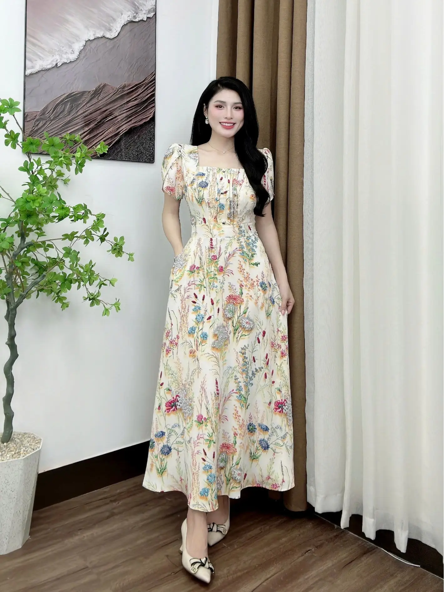Mã 898 : ĐẦM CỔ VUÔNG  TAY LỠ DÁNG DÀI CC Nữ Women