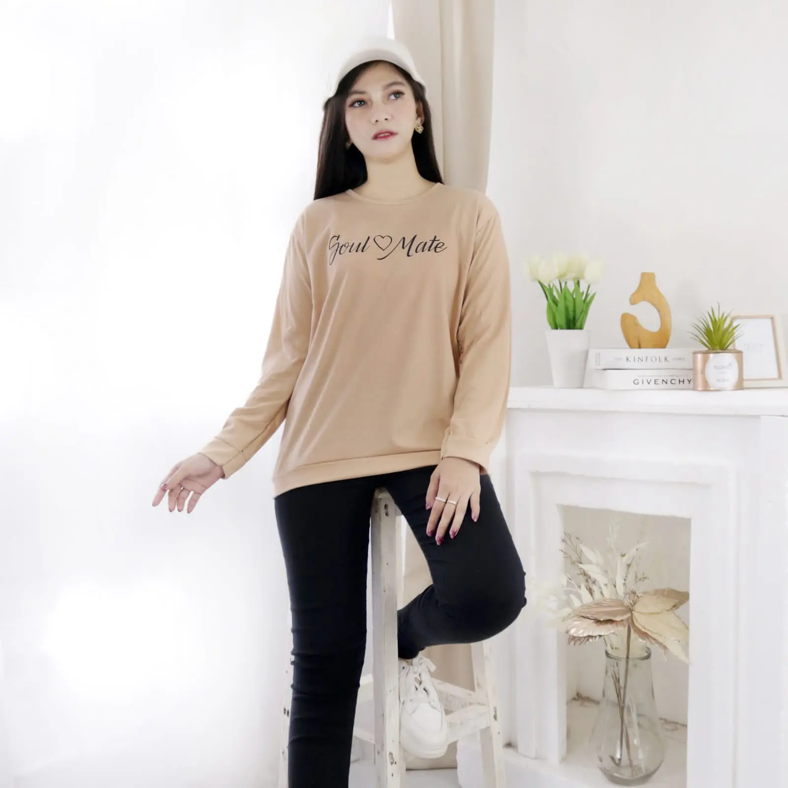 Kaos Rib Atasan Wanita Lengan Panjang Polos Baju Kerah
