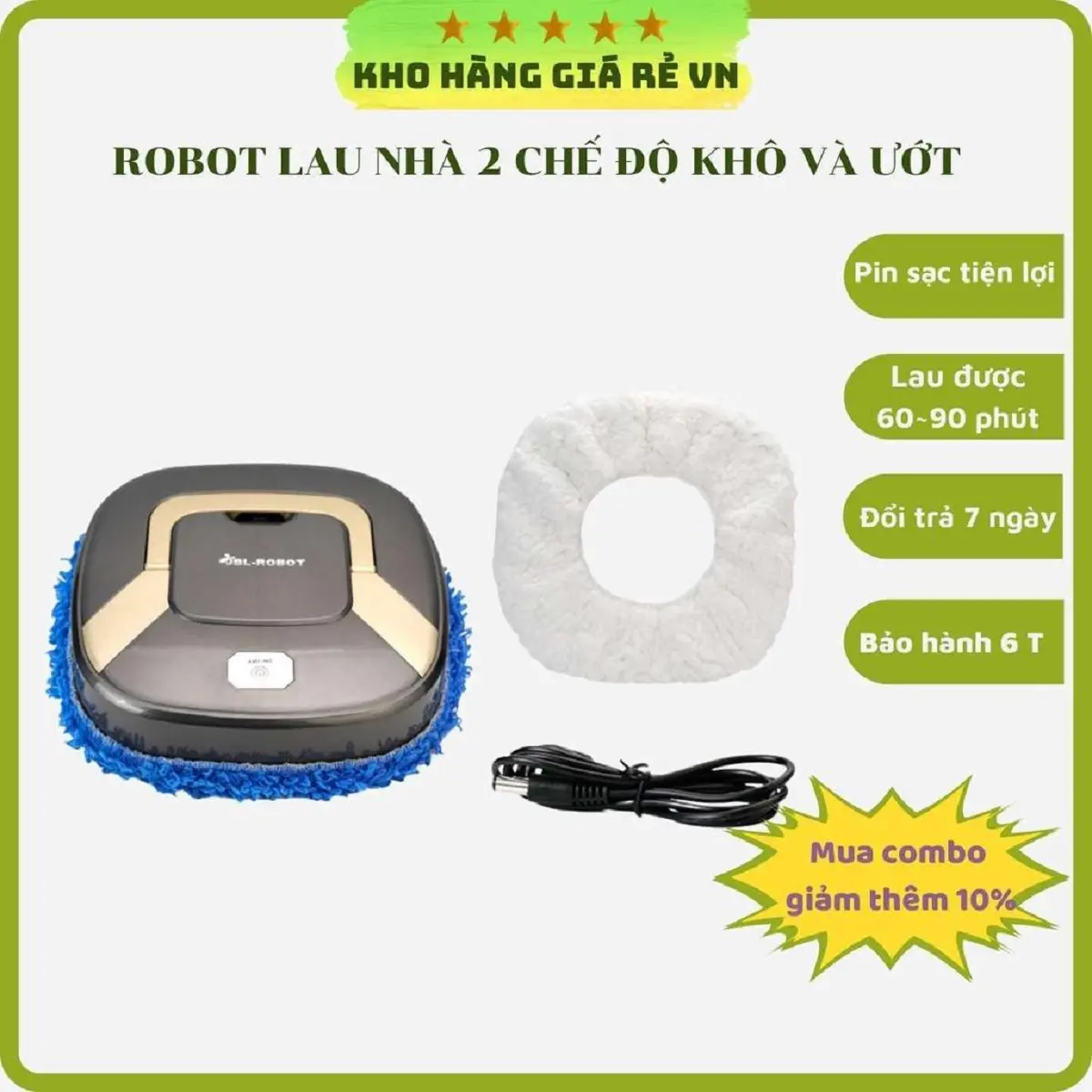 Robot lau nhà thông minh với hai chế độ lau khô và lau uớt làm sạch nền nhà tự động sử dụng pin sạc - có bảo hành Shop Kho Hàng Giá Rẻ VN