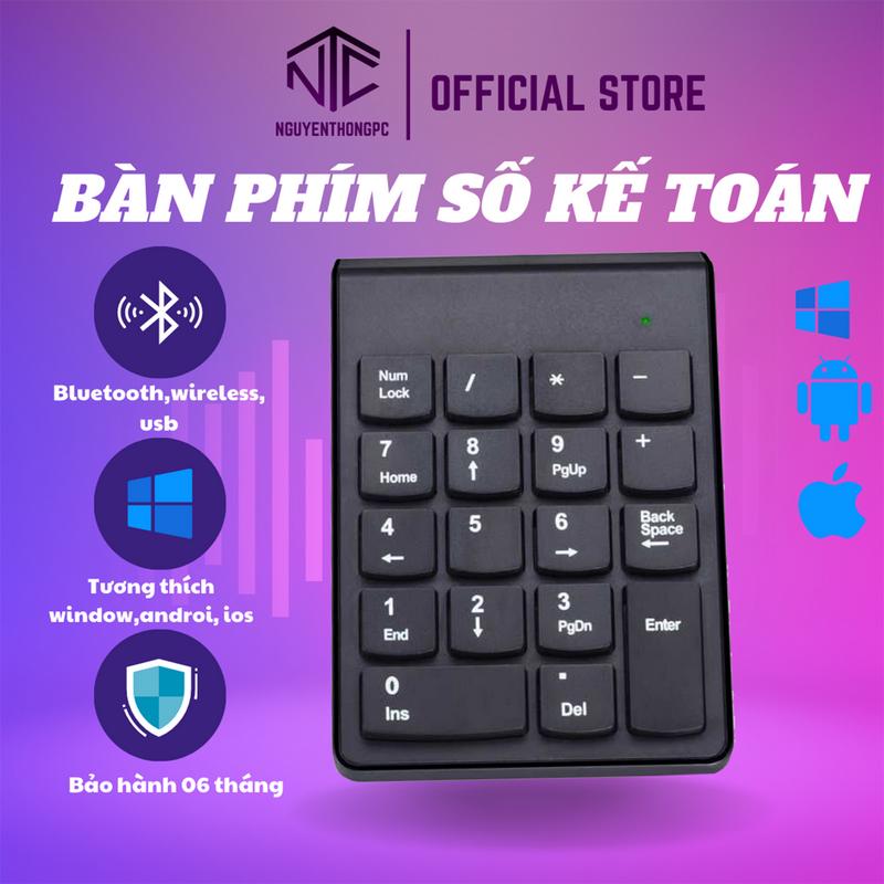 Bàn Phím Số Không Dây Bluetooth 5.0 & Wireless 2.4G 18 Phím Đen ABS Pin AAA Tương Thích Win Android IOS