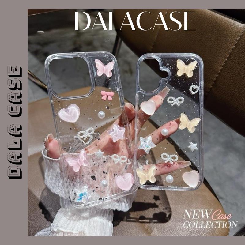 Ốp Lưng Nhũ Bạc Charm Cánh Tiên Hồng Vàng Và Tim