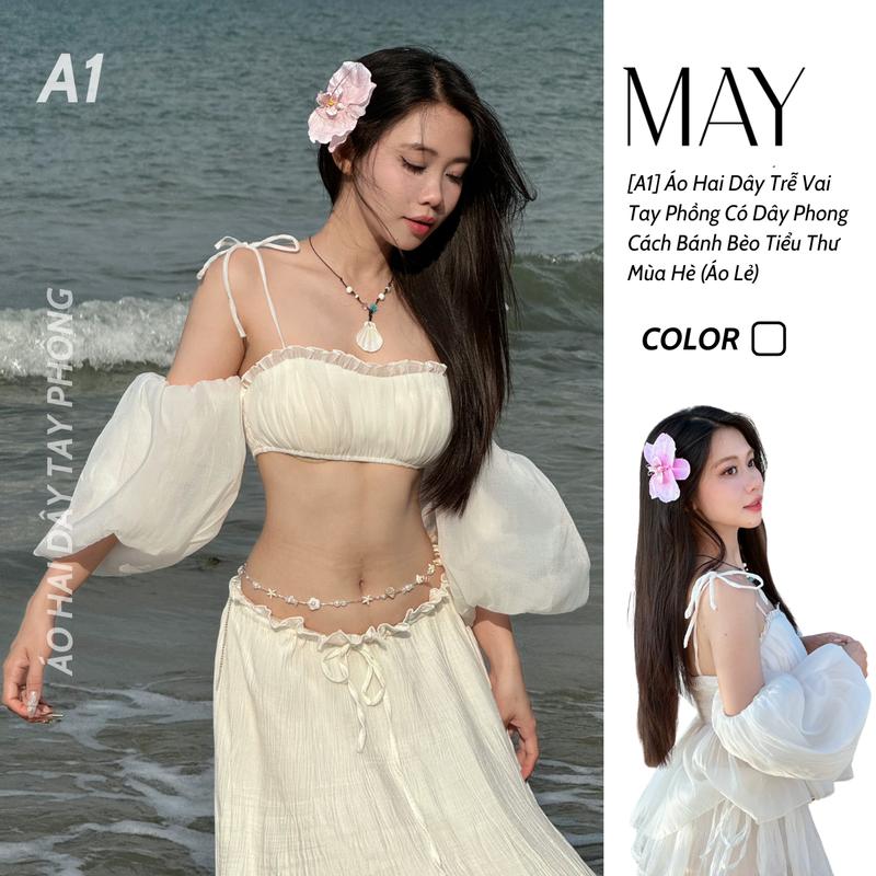 [A1] Áo Trễ Vai Tay Phồng Nhún Bèo Có Dây Phong Cách Bánh Bèo Tiểu Thư Mùa Hè