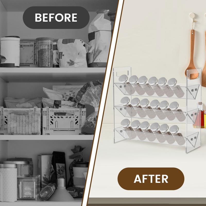 Product Introduction of 3 Tiers Spice Rack Organizer with Handles Acrylic Spice Rack Clear Spice Organizer Detachable Seasoning Rack Cabinet Seasoning Organizer for Countertop Cupboard Pantry 18198 28
