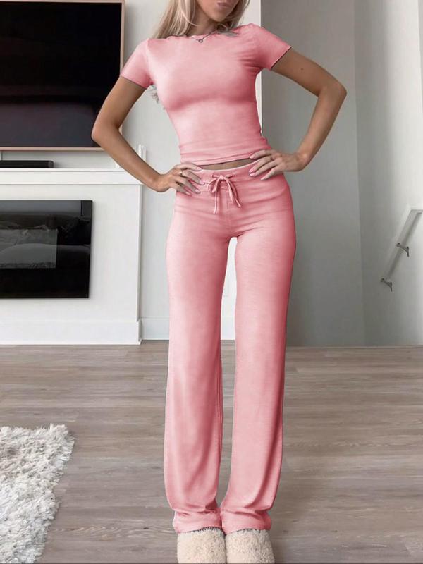 Women's Solid Short Sleeve Two-piece Set, Casual Tracksuit, Round Neck Crop Tee & Drawstring High Waist Trousers, Sixth Form Outfit, Co Ords for Women, Holiday Evening Outfits, Classy Going Out Tops & Pants Autumn Outfits 2024, Gym Sets, Fall Outfits 2