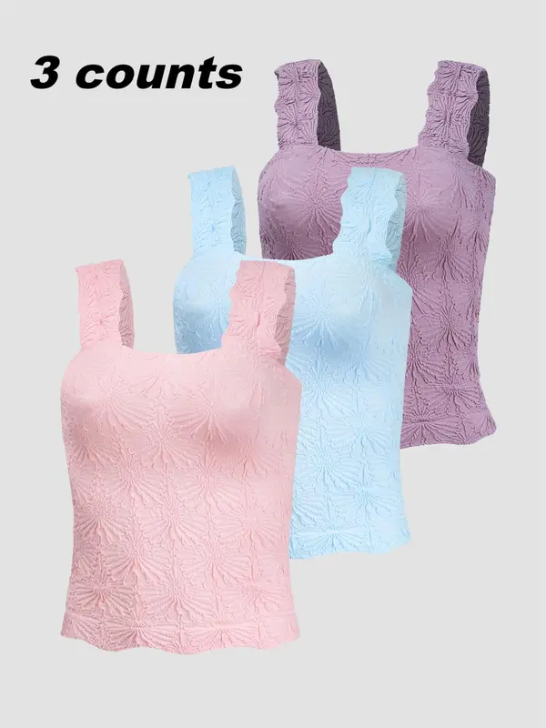 Women's Floral Embossed Sports Tank Top, Casual Solid Textured Sleeveless Sports Top for Yoga Gym Workout, Ladies High Stretch Sportswear for All Seasons, Soft Top Women 1